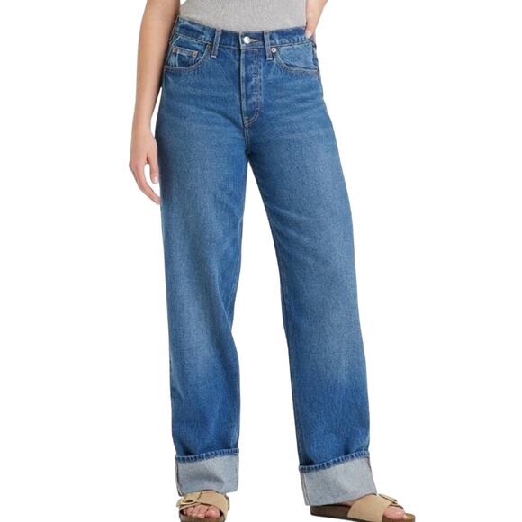 Universal Thread Mid Rise Cuffed 90s Baggy Jeans Dark Denim Blue Women's 6 NEW - Picture 1 of 7